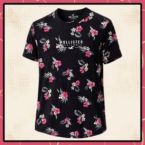 Hollister Floral Curved Hem T-Shirt XL | Black Pink Tropical Print Tee
